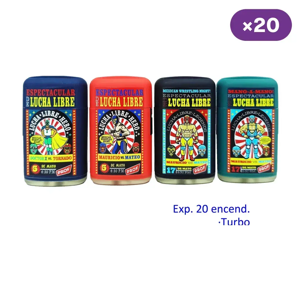 Encendedores Prof Lucha Libre en varios colores y diseños de luchadores enmascarados, con un rótulo de 20 unidades.