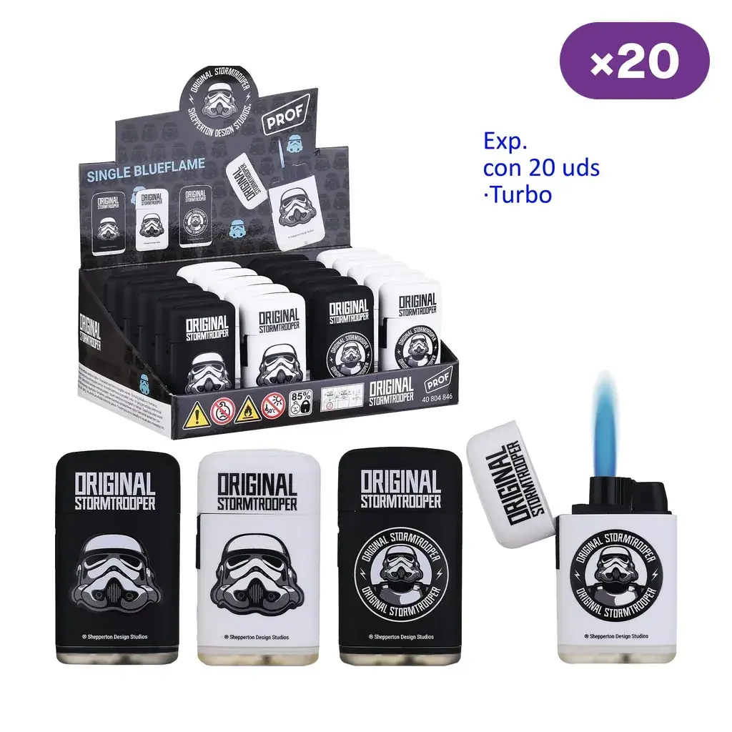 Encendedores turbo Prof Stormtrooper en modelos blancos y negros, con distintos motivos; uno abierto con llama azul y un expositor detrás.
