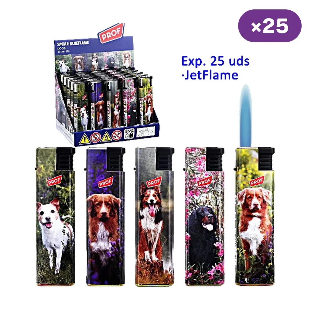 Selección de encendedores Prof Dogs con distintos perros impresos y expositor rotulado de 25 unidades; uno muestra una llama azul.
