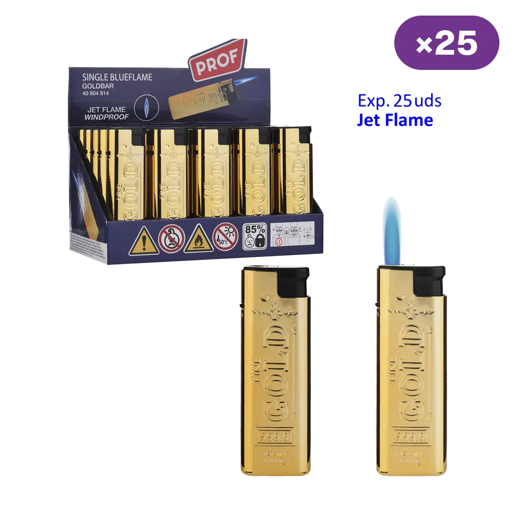 Encendedores Prof Goldbar dorados con forma de lingote, en expositor y en vistas individuales, una con llama azul.