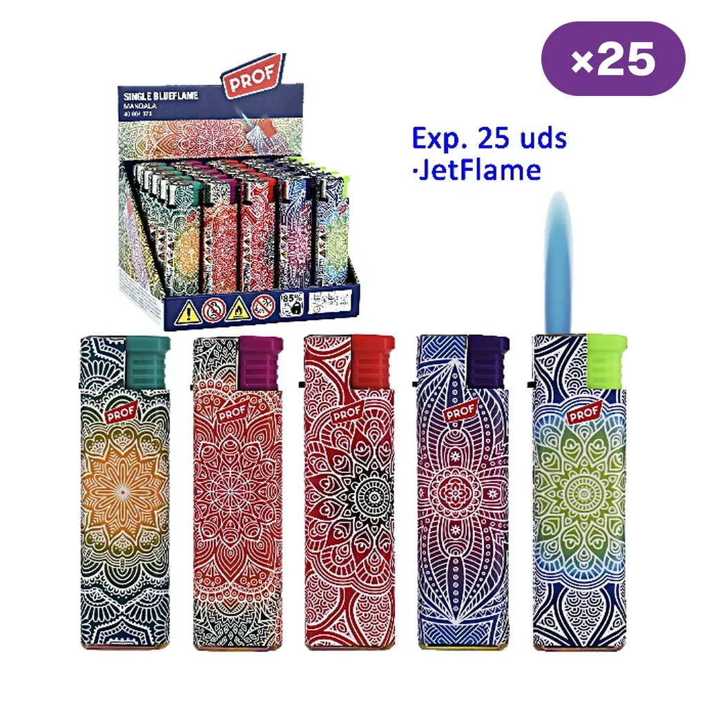 Encendedores Prof con distintos estampados de mandalas y expositor de 25 unidades; uno aparece con una llama azul representada.