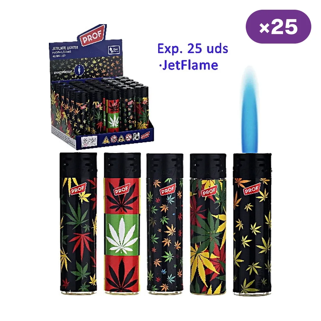 Encendedores Prof Jetflame con distintos estampados de hojas de cannabis, expositor rotulado «25 uds» y una llama azul visible.