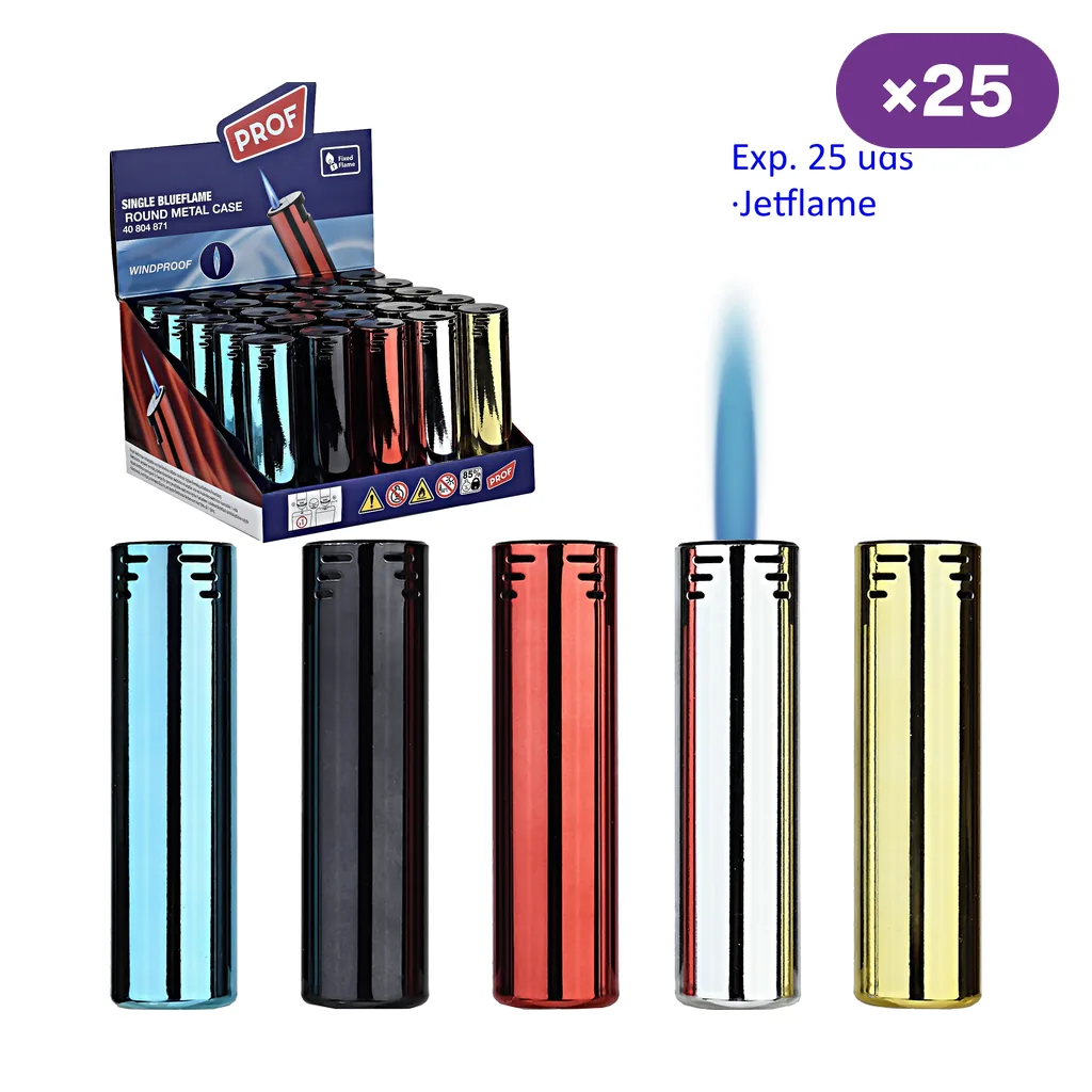 Encendedores Prof cilíndricos en azul, negro, rojo, plateado y dorado, uno con llama azul, junto a un expositor marcado ×25.
