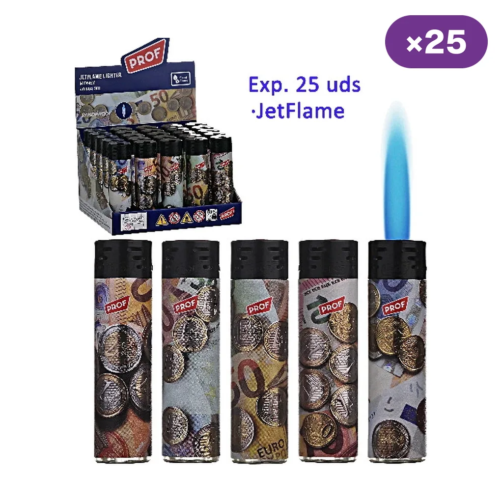 Encendedores Prof Round Money con distintos estampados de billetes y monedas, expositor rotulado con 25 unidades y llama azul.