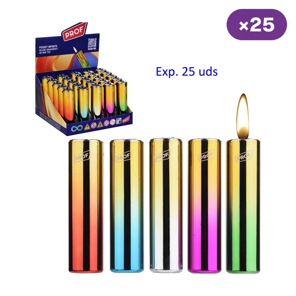 Encendedores Prof Gold Gradient en distintos degradados de color, uno con llama, junto a un expositor y el rótulo de 25 unidades.