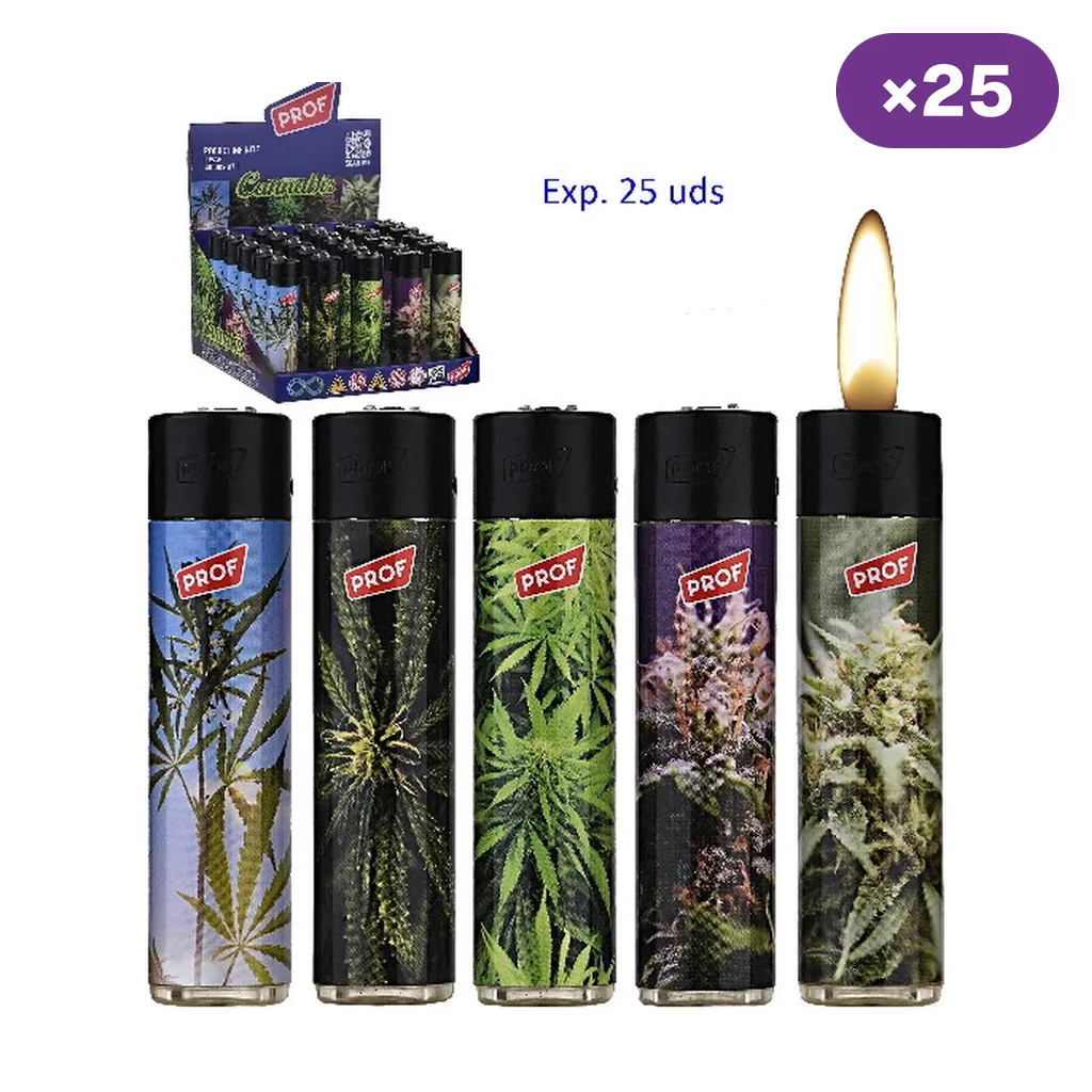 Encendedores Prof Leaf con distintos motivos de cannabis, tapas negras y expositor al fondo con la indicación de 25 unidades.