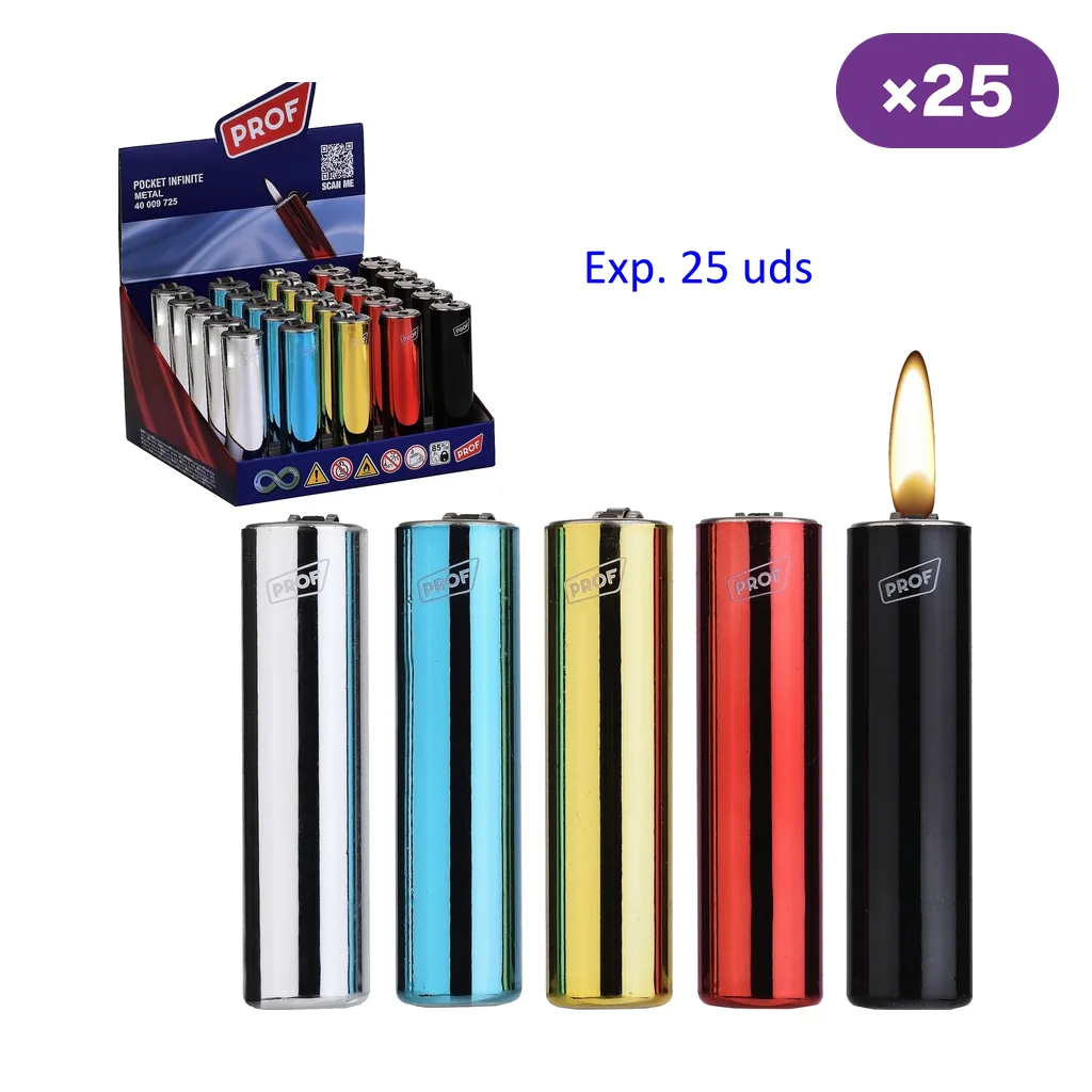 Encendedores Prof Metal en acabados plateado, azul, dorado, rojo y negro, con expositor rotulado de 25 unidades; uno muestra una llama.
