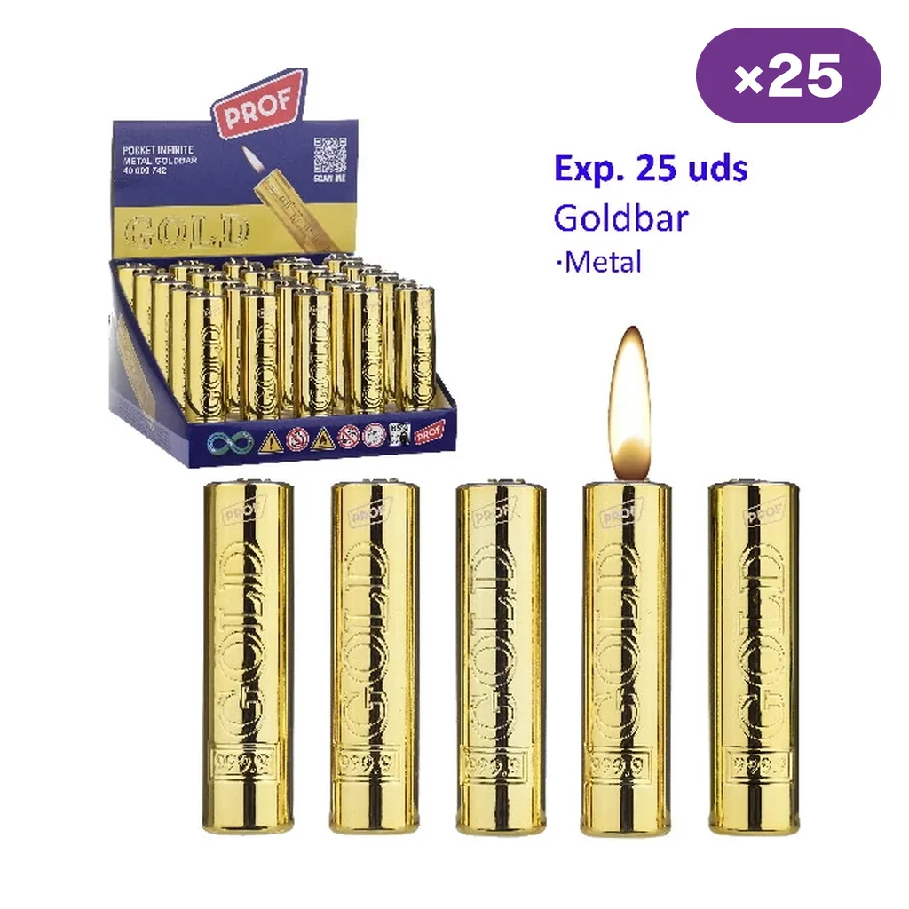 Expositor Prof Goldbar con distintivo ×25 y cinco encendedores dorados alineados debajo; uno aparece representado con una llama.