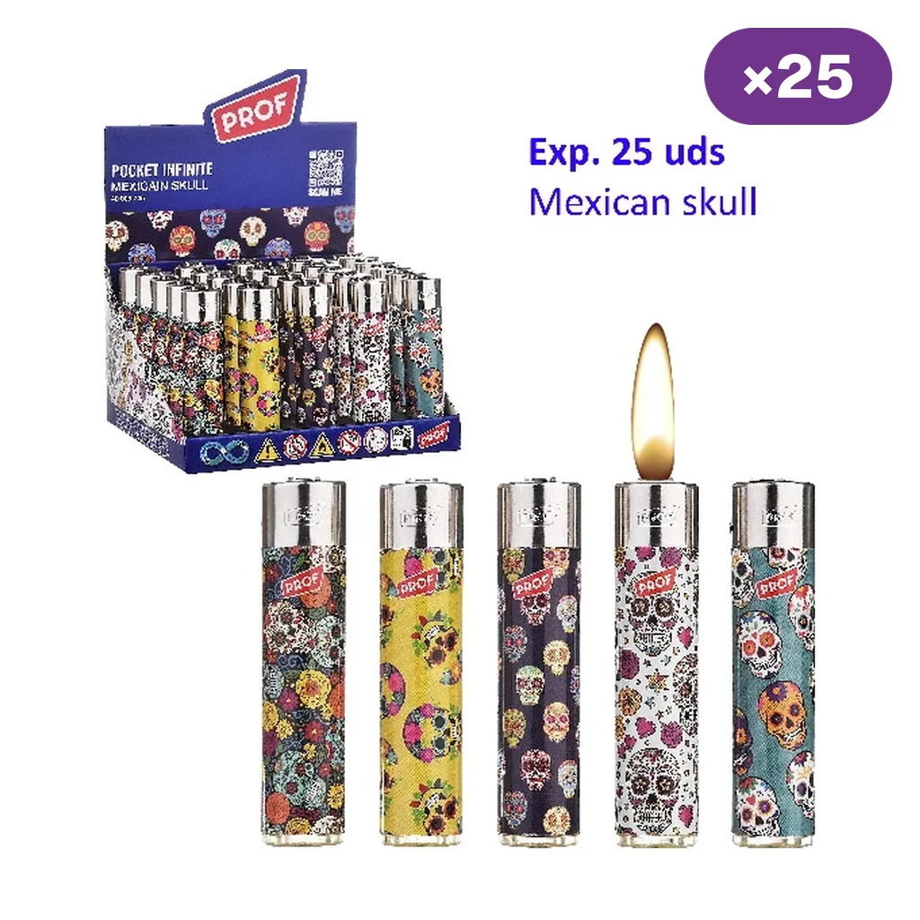 Encendedores Prof Mexican Skull con calaveras multicolores, mostrados en varios diseños junto a un expositor rotulado con 25 unidades.