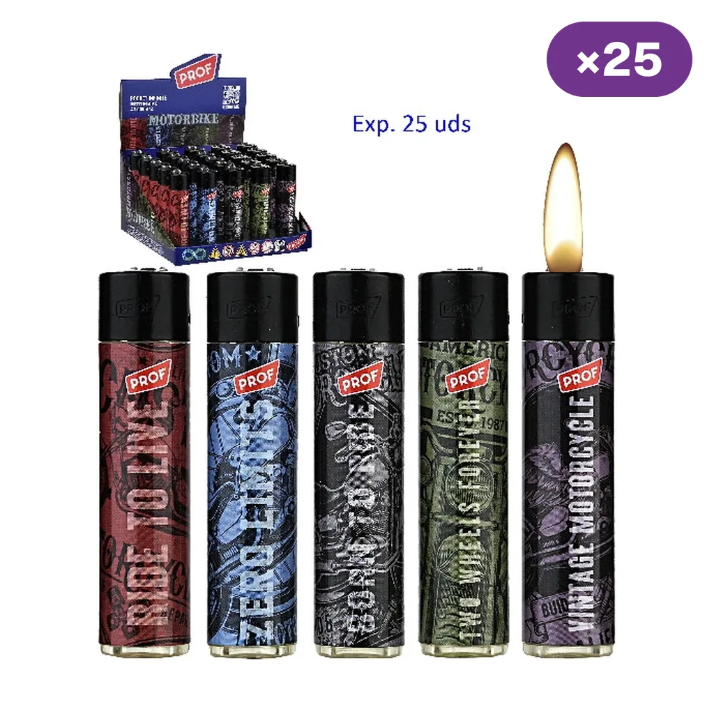 Selección de encendedores Prof Motorbike con diseños de distintos colores, uno con llama, junto a un expositor y el rótulo «×25».