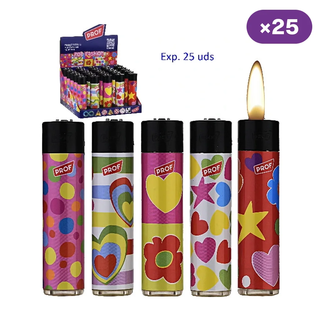 Cinco diseños de encendedores Prof Pop Fashion con círculos, corazones, flores y estrellas; uno con llama y un expositor de 25 al fondo.
