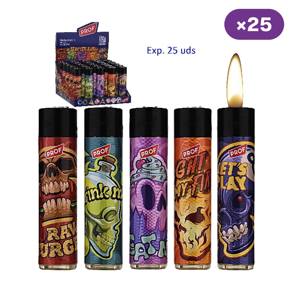 Selección de encendedores Prof Skulls con calaveras multicolores, uno con llama visible, y expositor al fondo con indicación de 25 unidades.