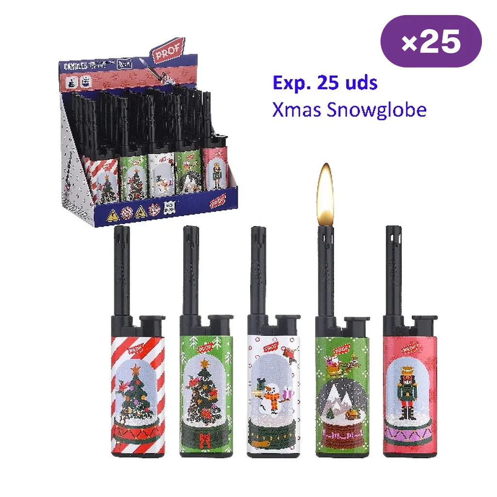 Selección de encendedores Prof de cuello largo con distintos motivos navideños de bolas de nieve, junto a un expositor rotulado con 25 unidades.