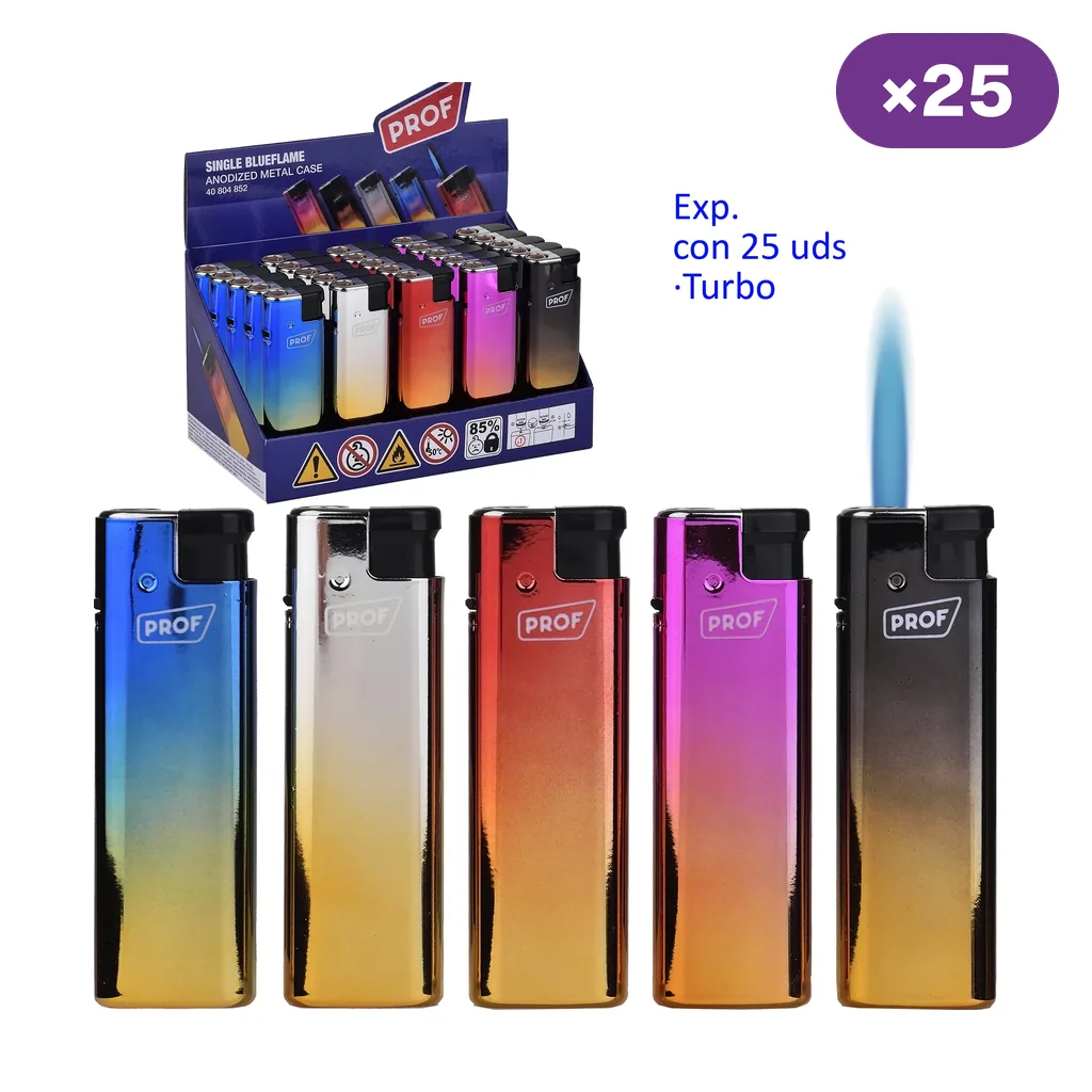 Encendedores Prof Anodized en varios degradados de color junto a un expositor marcado con 25 unidades; uno muestra una llama azul.
