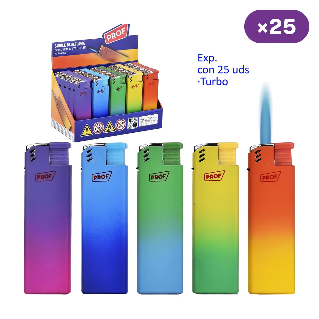 Encendedores turbo Prof Gradient en varios degradados de color, junto a un expositor marcado con 25 unidades y uno con llama azul representada.