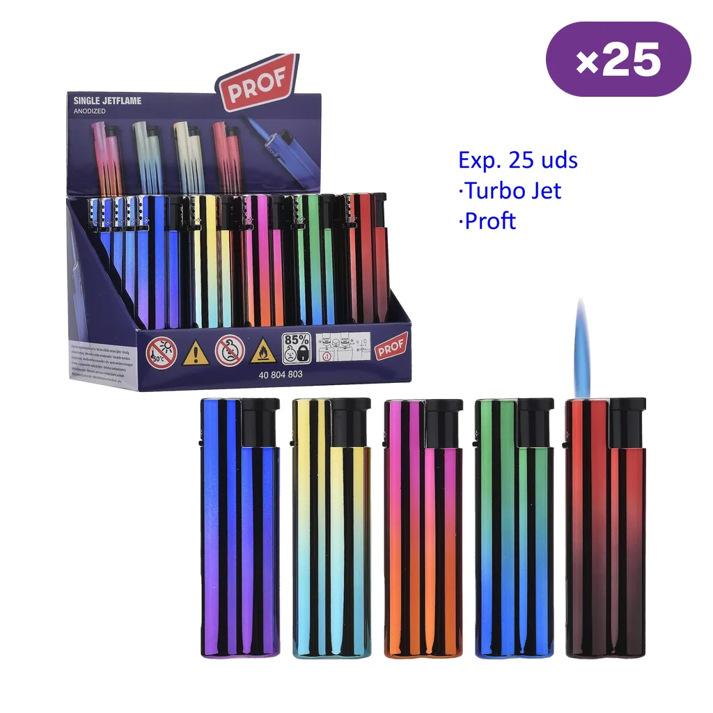Expositor Prof rotulado con 25 unidades y selección de encendedores de distintos colores, uno representado con llama azul.