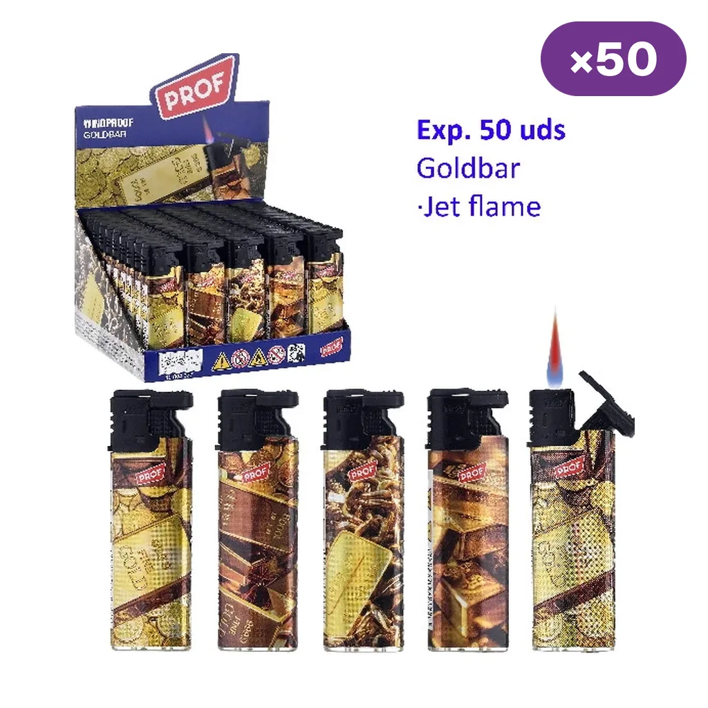 Expositor Prof Goldbar y encendedores con distintos diseños de lingotes y monedas; uno muestra una llama. Rótulo de 50 unidades.