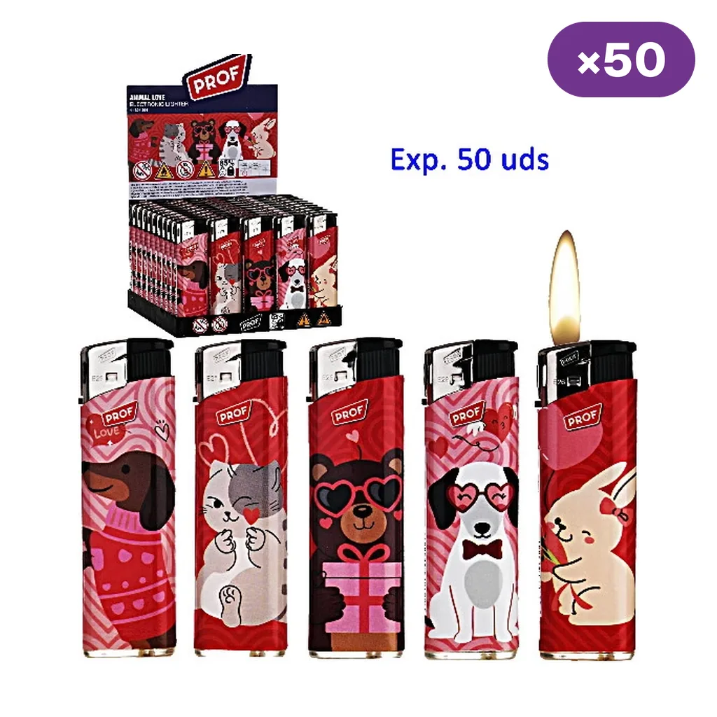 Encendedores Prof Animal Love con distintos dibujos de animales y corazones, junto a un expositor rotulado de 50 unidades; uno muestra una llama.