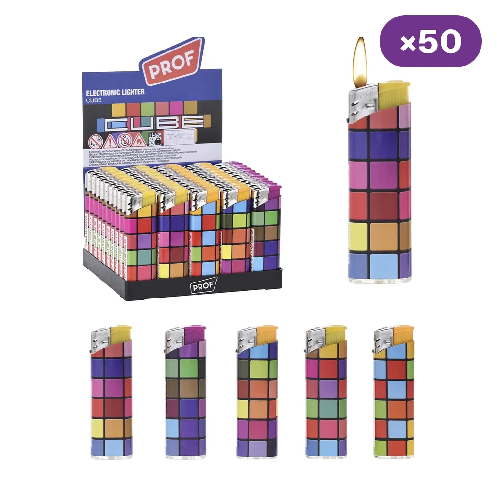 Expositor de encendedores Prof y varios modelos con cuadrículas multicolores; uno aparece con llama y figura el rótulo «×50».
