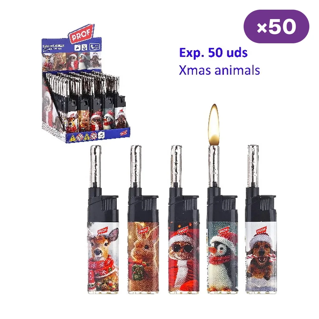 Encendedores Prof de cuello largo con animales navideños, uno con llama visible, junto a un expositor y distintivo de 50 unidades.