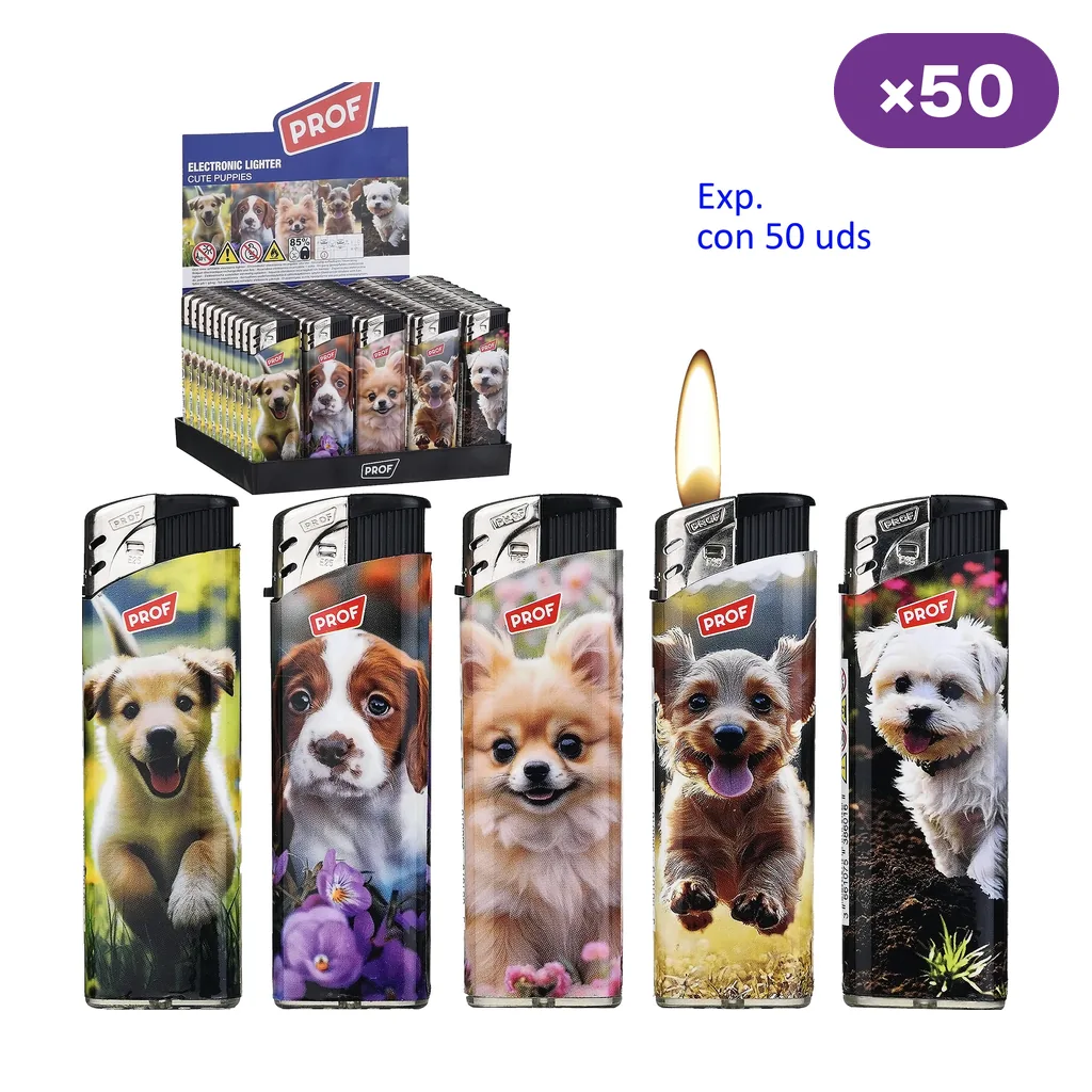 Selección de encendedores Prof con distintos retratos de cachorros, uno con llama, junto a un expositor y el texto «Exp. con 50 uds».