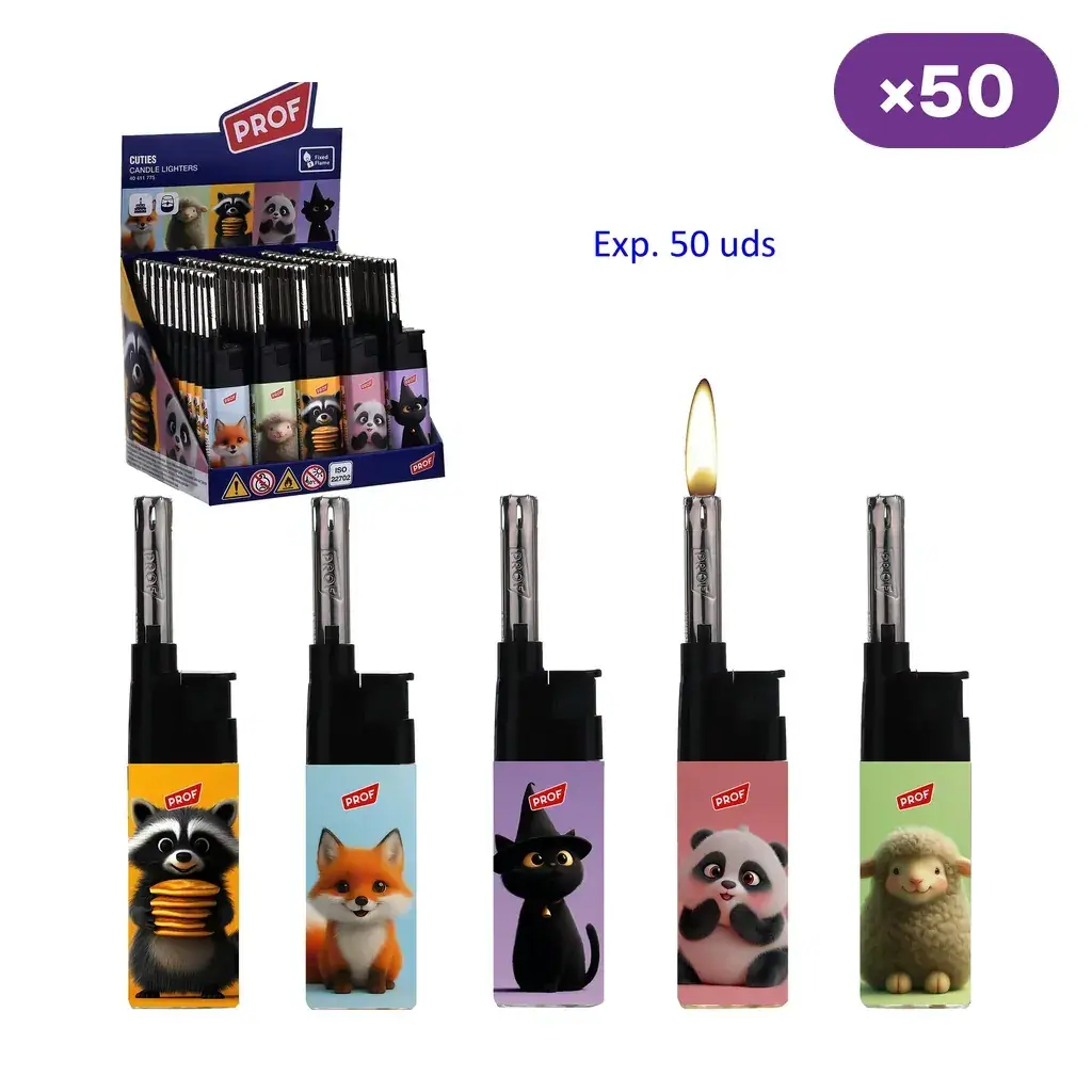 Selección de encendedores largos Prof Cuties con dibujos de animales, uno con llama, junto a un expositor y el rótulo de 50 unidades.