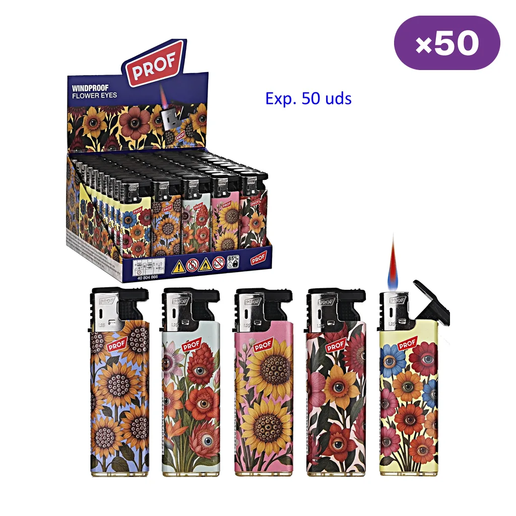 Expositor Prof Flower Eyes de 50 unidades y selección de encendedores con distintos estampados florales; uno aparece abierto con llama.