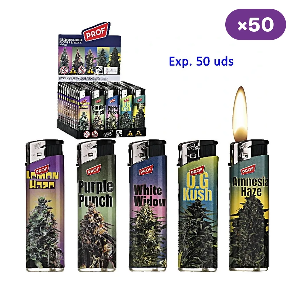 Cinco diseños de encendedores Prof Flower Species con fotografías de cannabis, junto a un expositor rotulado para 50 unidades.