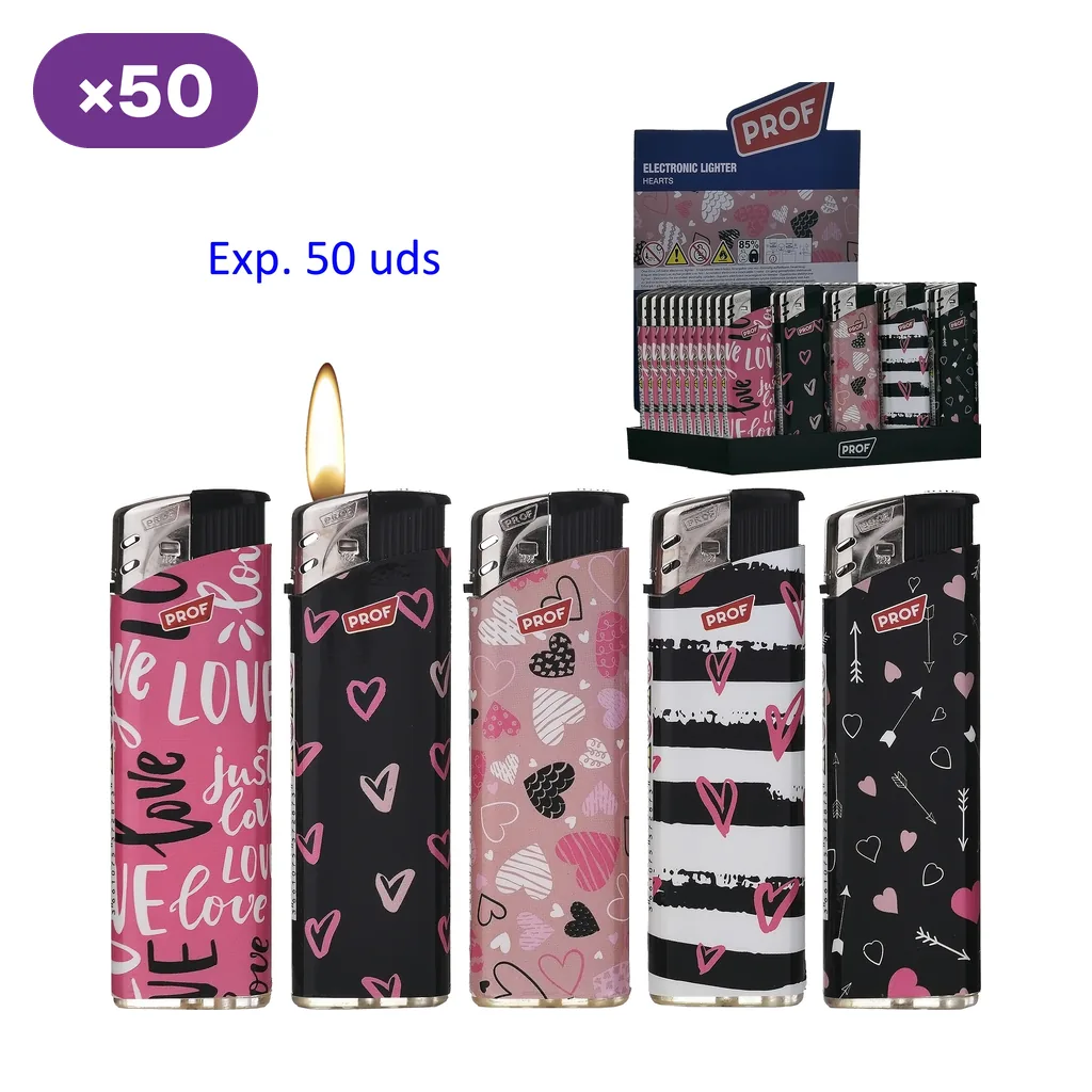 Encendedores Prof Hearts con distintos diseños de corazones en rosa, blanco y negro; uno con llama y expositor rotulado de 50 unidades.