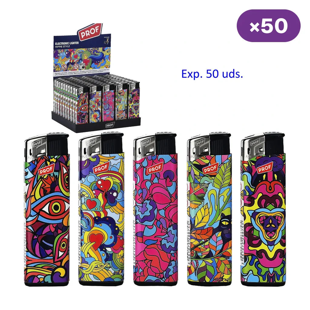 Cinco diseños de encendedores Prof Hippie con motivos multicolores, junto a un expositor y el texto «Exp. 50 uds.».