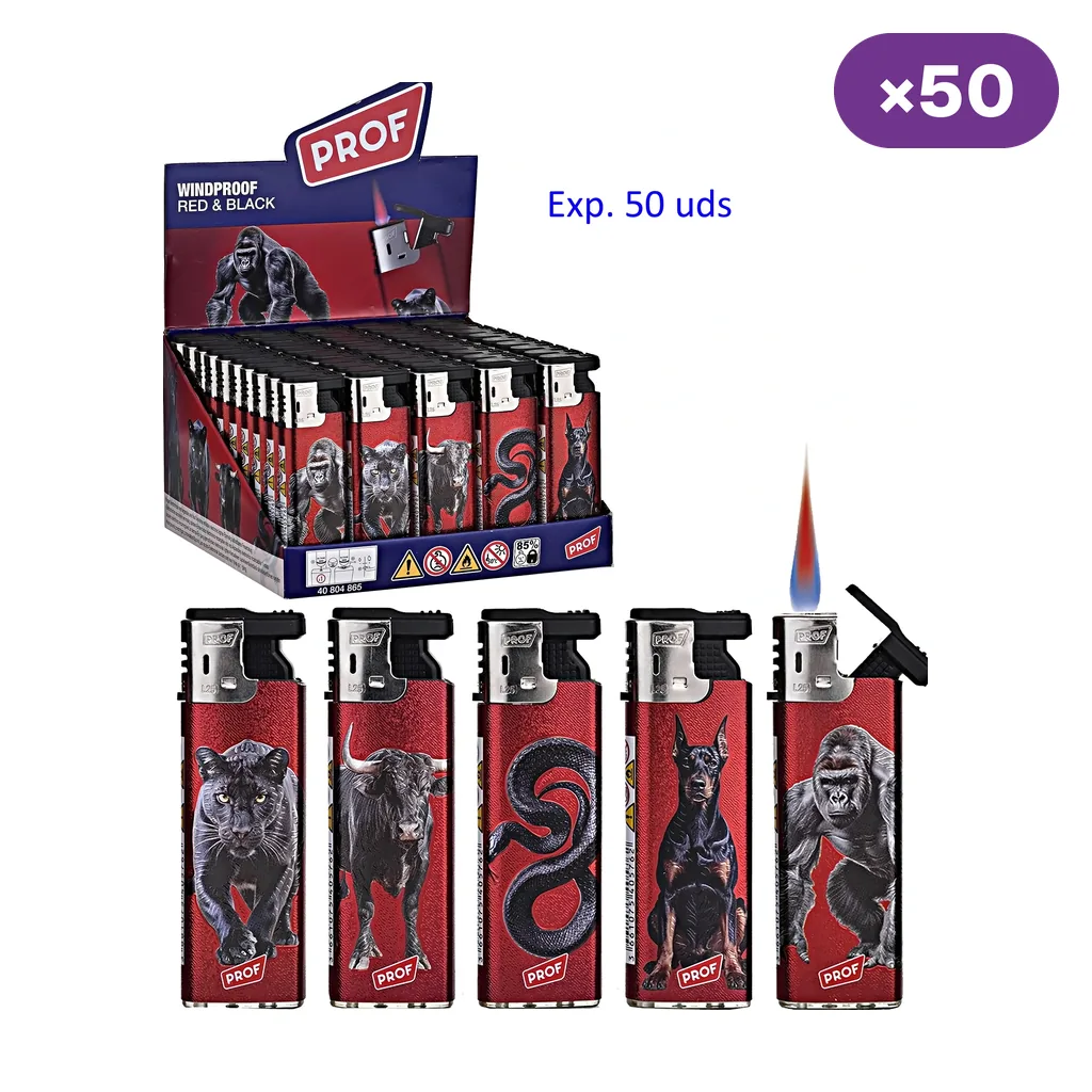 Expositor Prof Red & Black de 50 unidades y cinco diseños de encendedores con animales sobre fondo rojo; uno aparece con llama.