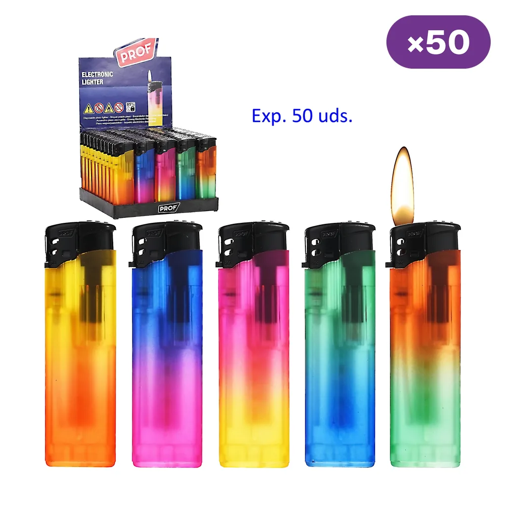 Encendedores Prof de distintos colores degradados con cabezal negro, uno con llama, junto a un expositor rotulado con 50 unidades.