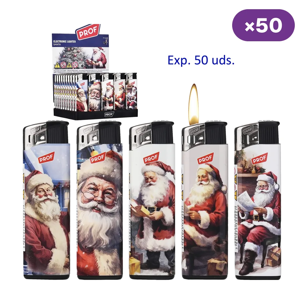 Encendedores Prof Santa con distintas ilustraciones de Papá Noel, uno con llama, junto a un expositor rotulado con 50 unidades.