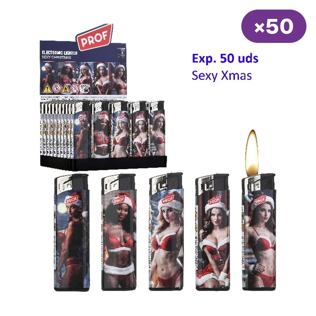 Expositor Prof Sexy Xmas de 50 encendedores y cinco diseños con mujeres en atuendos navideños; uno aparece con llama.