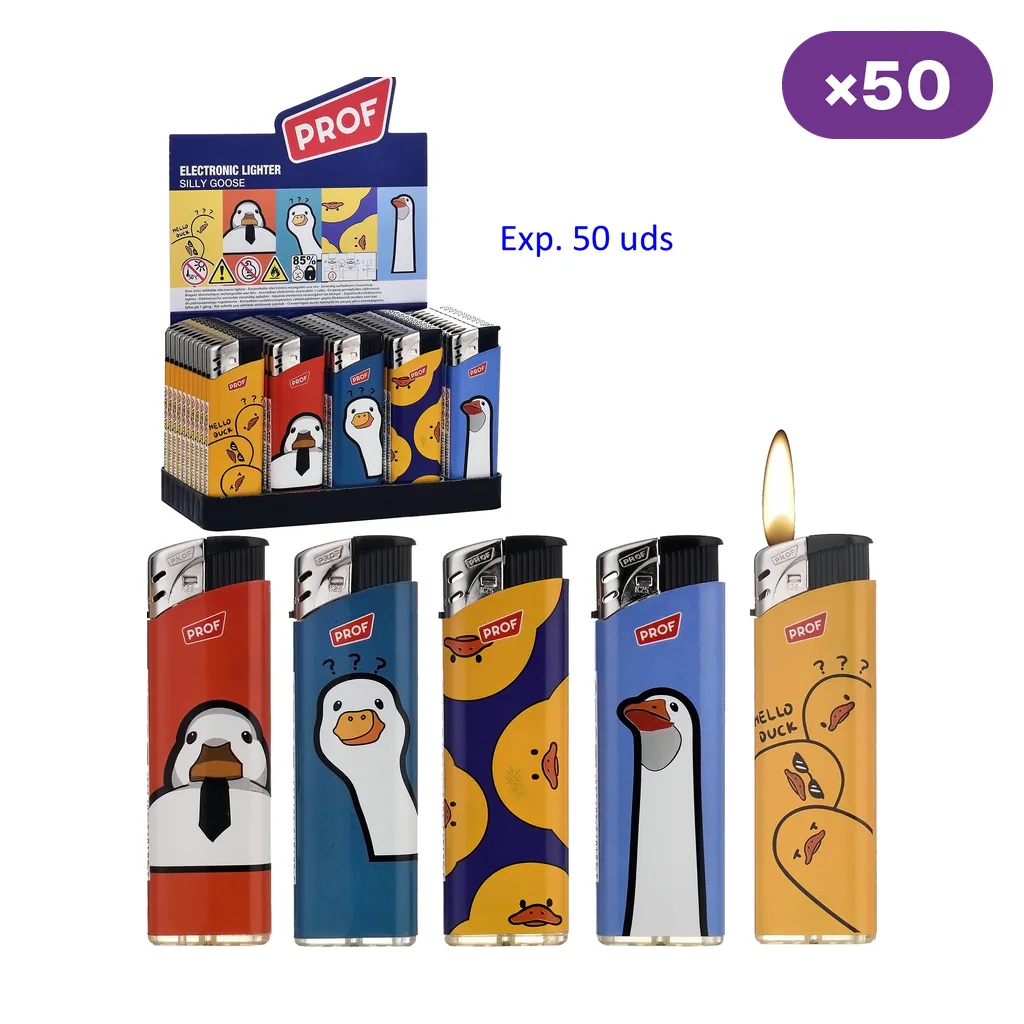 Selección de encendedores Prof Silly Goose con distintos dibujos de aves y colores, junto a un expositor marcado con 50 unidades.