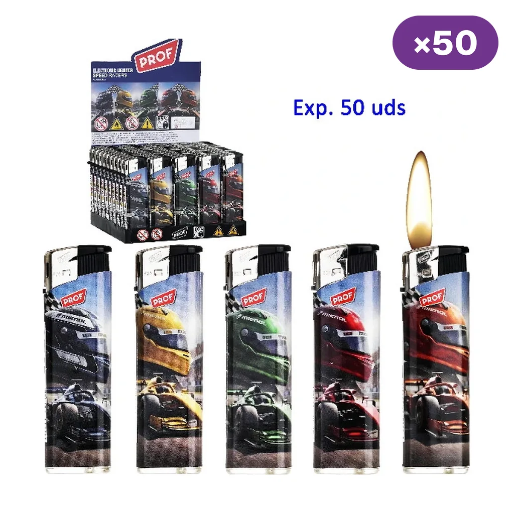 Encendedores Prof Speed Racers con cinco diseños de coches de carreras, uno con llama, junto a un expositor marcado con 50 unidades.