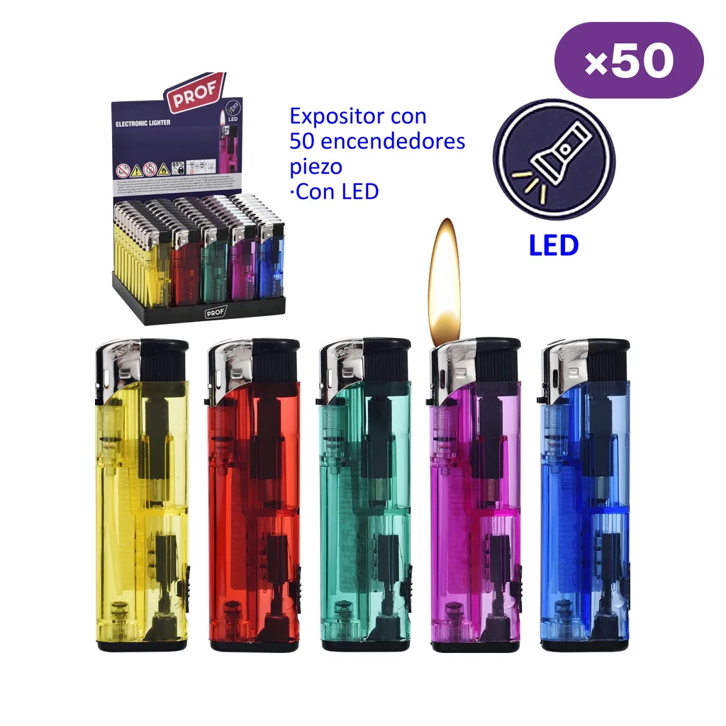 Encendedores Prof translúcidos de varios colores junto a un expositor de 50 unidades y un símbolo LED; uno aparece con llama.