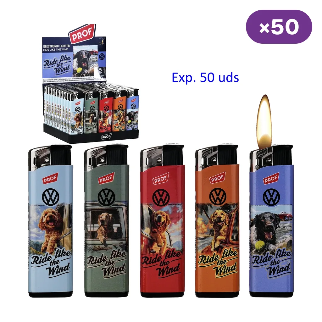 Selección de encendedores Prof VW Ride de distintos colores con perros y logotipo VW, uno con llama, junto a un expositor marcado x50.