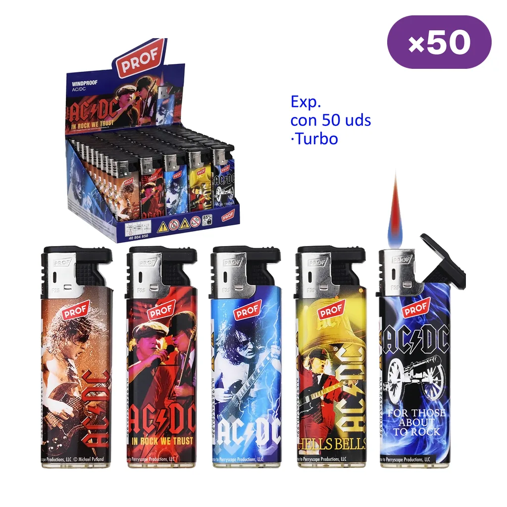 Selección de encendedores turbo Prof con distintos diseños de AC/DC, uno con llama visible, junto a un expositor marcado con 50 unidades.