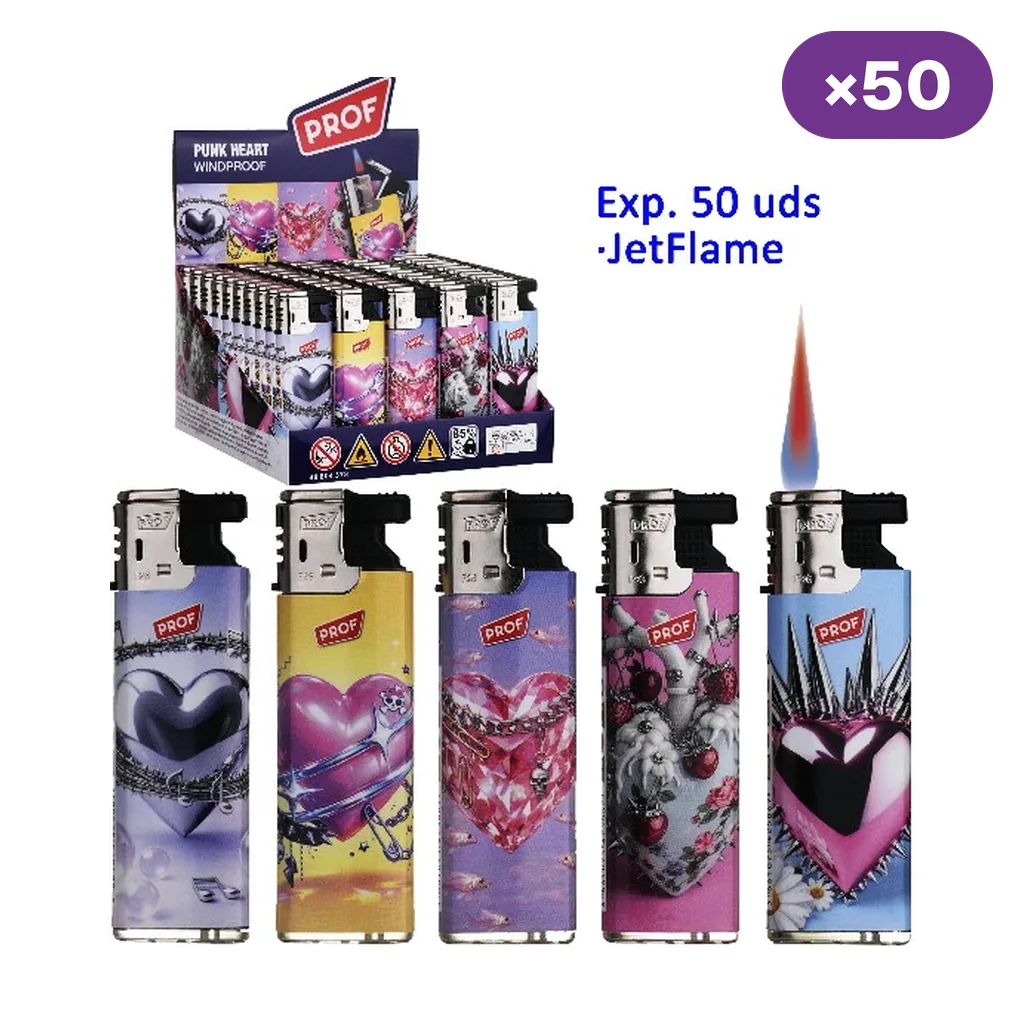 Selección de encendedores Prof Punk Heart con distintos diseños de corazones, uno con llama ilustrada, y expositor rotulado con 50 unidades.
