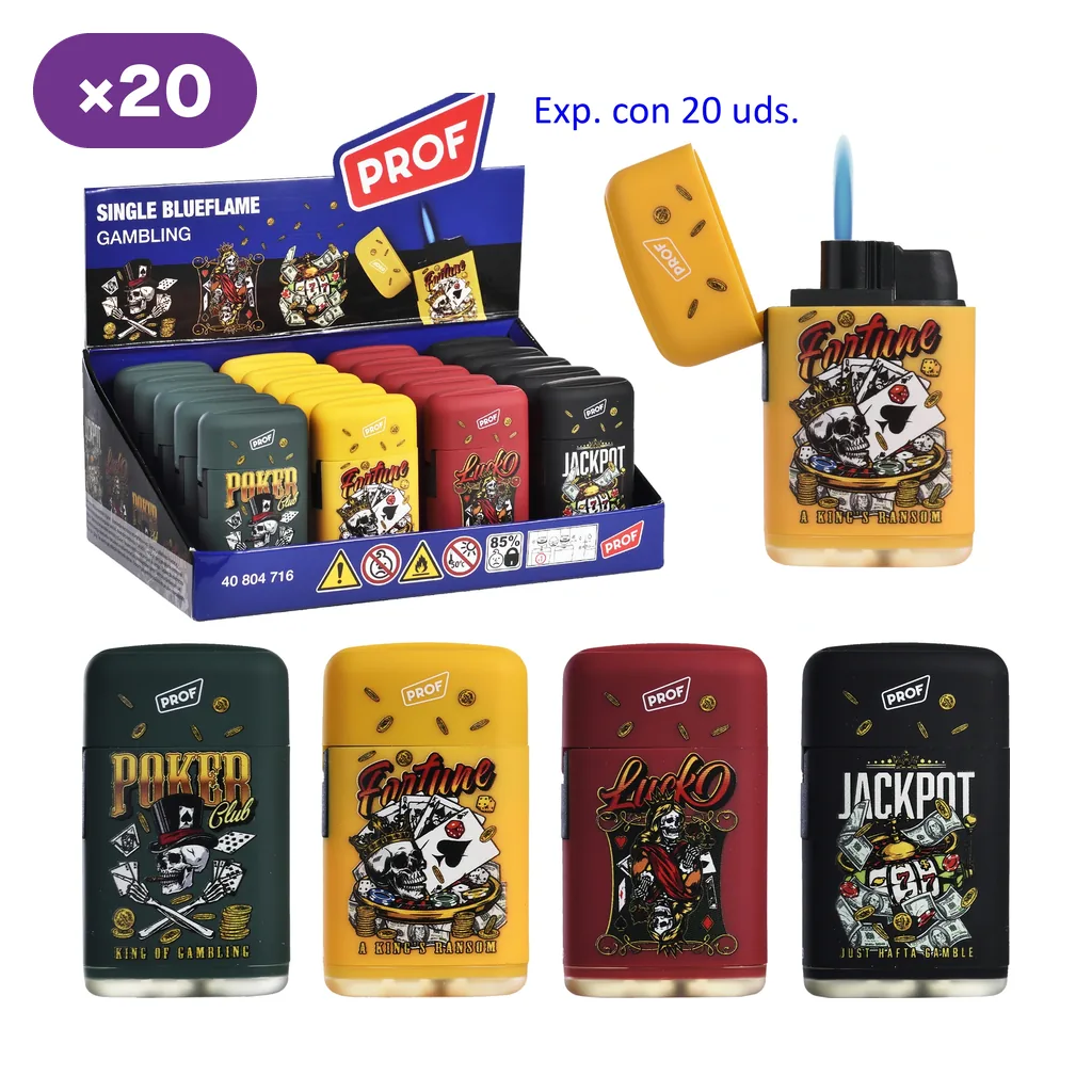 Expositor Prof Gambling de 20 encendedores y cuatro diseños de temática de casino; un modelo amarillo aparece abierto con llama azul.
