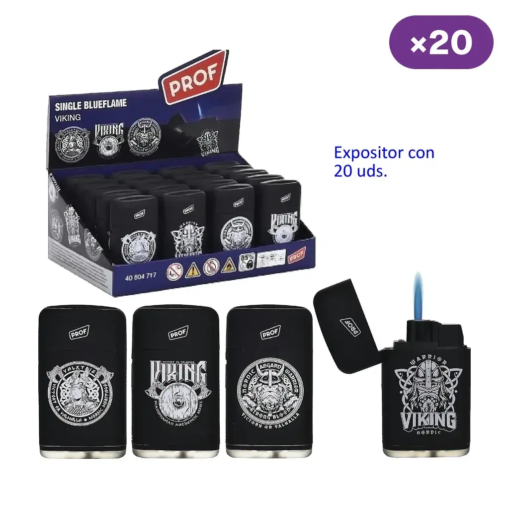 Encendedores turbo Prof Vicking negros con distintos motivos vikingos, expositor rotulado con 20 unidades y un modelo abierto con llama azul.