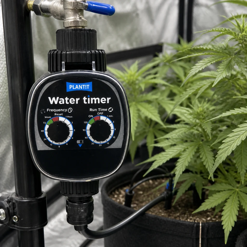 Temporizador de riego PLANT!T conectado a un grifo y una manguera, con mandos de frecuencia y duración junto a plantas en macetas.