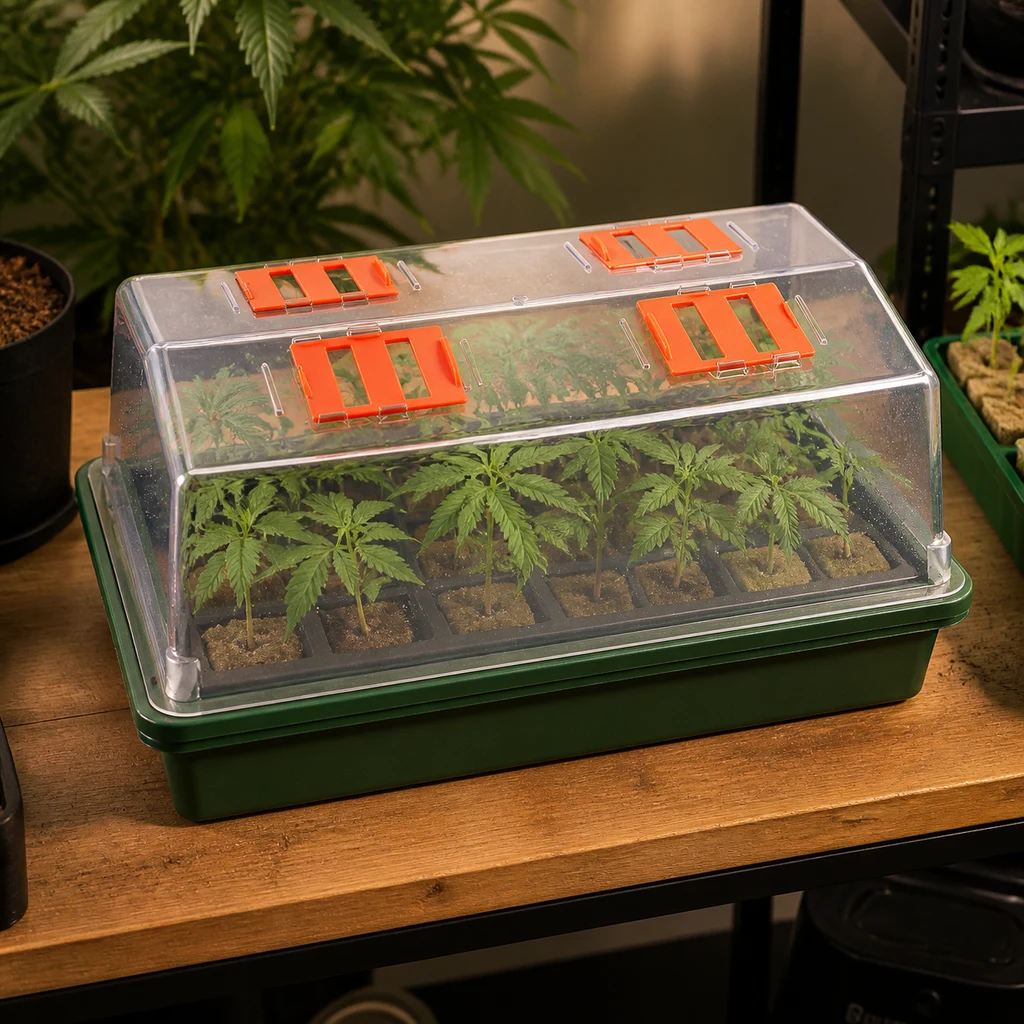 Propagador Neptune Hydroponics con base verde, cubierta transparente y respiraderos naranjas, con plantas jóvenes en su interior sobre una mesa. Propagador Neptune Hydroponics con base verde, cubierta transparente y respiraderos naranjas, con plantas jóvenes en su interior sobre una mesa.