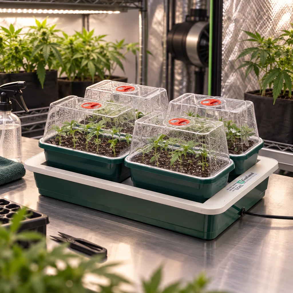 Cuatro semilleros con tapas transparentes y respiraderos rojos sobre una base con cable, rodeados de plantas en un espacio de cultivo.