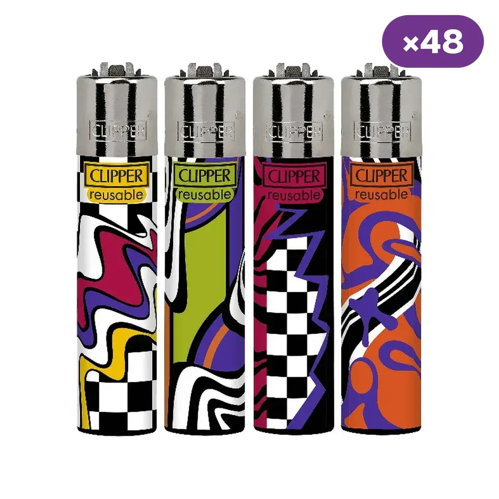Selección de encendedores Clipper con distintos estampados psicodélicos multicolor y cuadros blancos y negros; distintivo de 48 unidades.