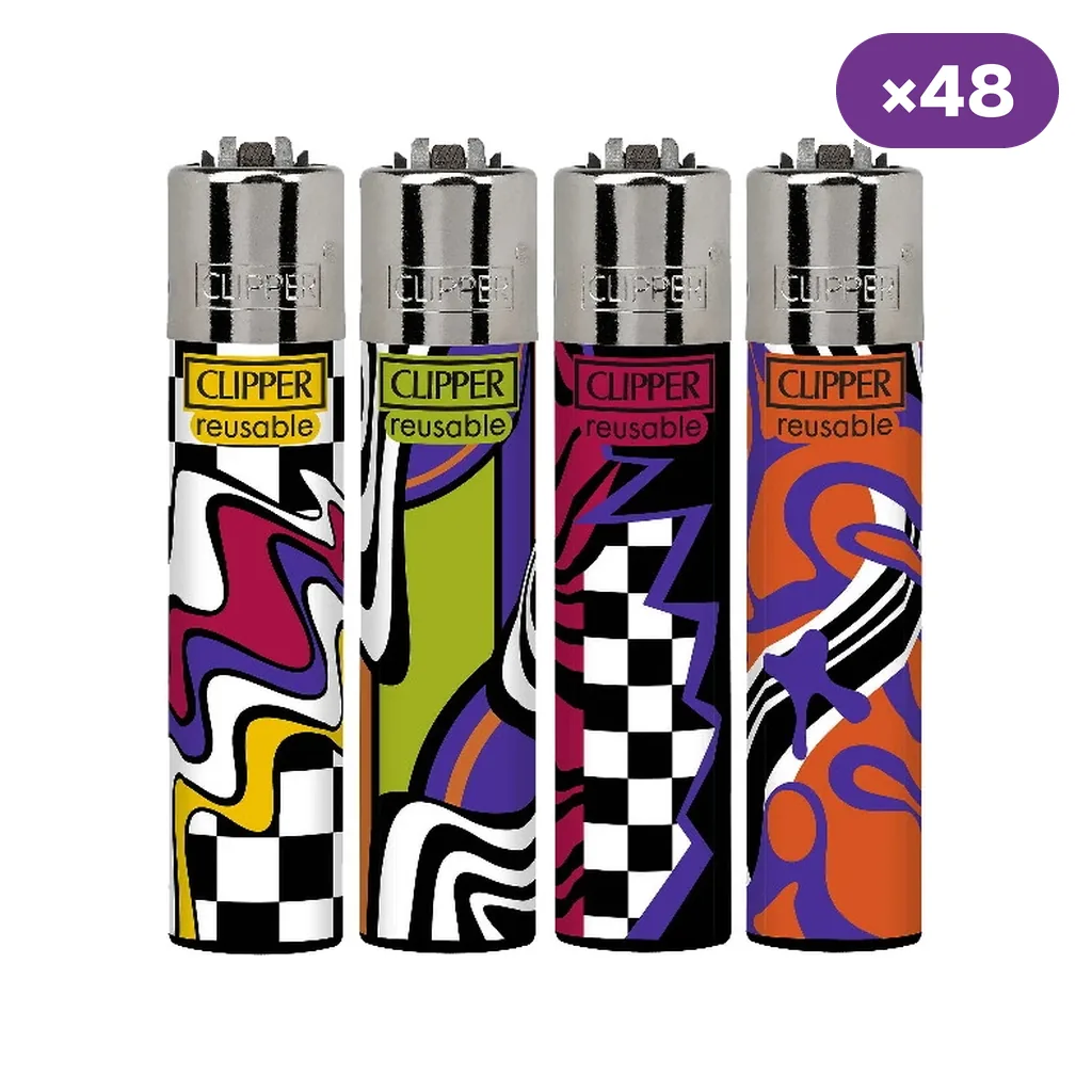 Selección de encendedores Clipper con distintos estampados psicodélicos multicolor y cuadros blancos y negros; distintivo de 48 unidades.