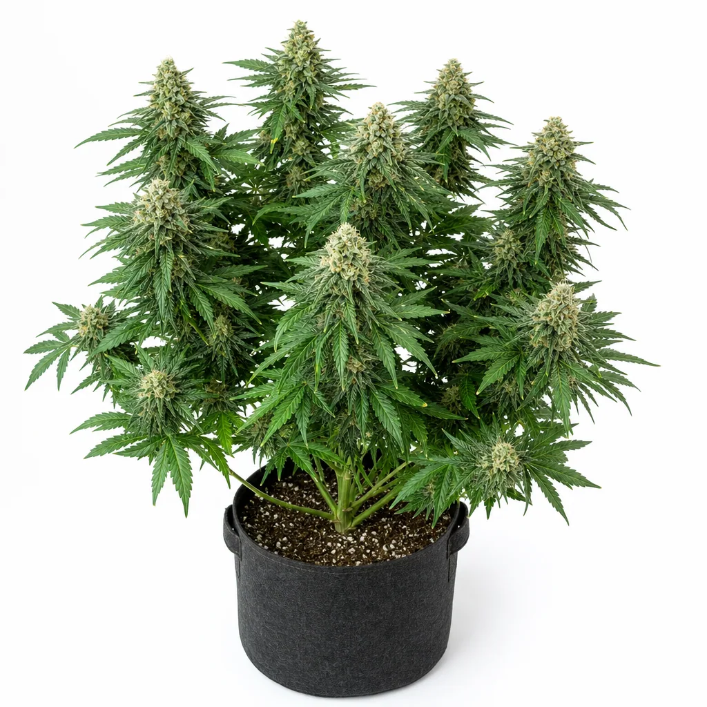 Planta de Pulp Friction Feminizada en floración, con numerosos cogollos y hojas verdes, en maceta oscura sobre fondo blanco.