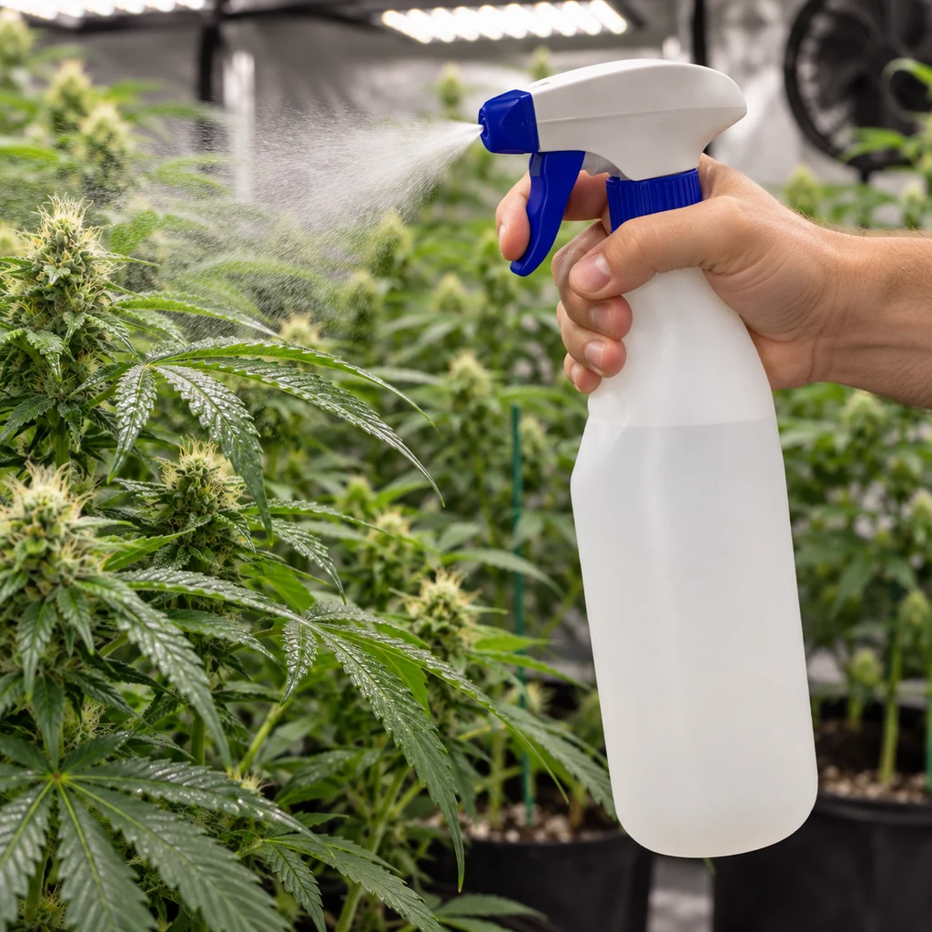 Una mano sostiene un pulverizador blanco translúcido con gatillo azul y rocía una fina nube sobre plantas de cannabis en interior. Una mano sostiene un pulverizador blanco translúcido con gatillo azul y rocía una fina nube sobre plantas de cannabis en interior.