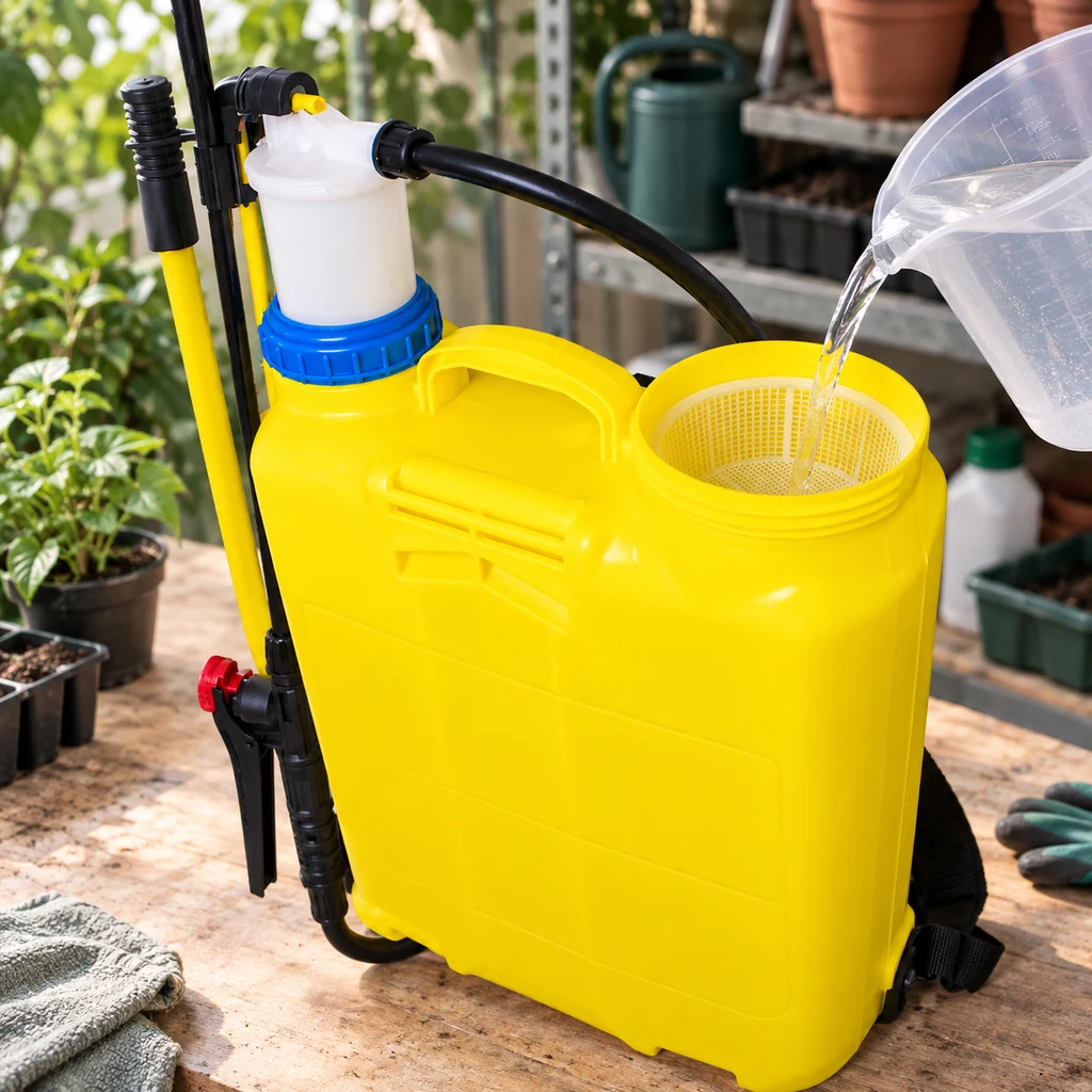Pulverizador de mochila amarillo con lanza lateral y manguera negra mientras se vierte agua por la abertura con filtro. Pulverizador de mochila amarillo con lanza lateral y manguera negra mientras se vierte agua por la abertura con filtro.